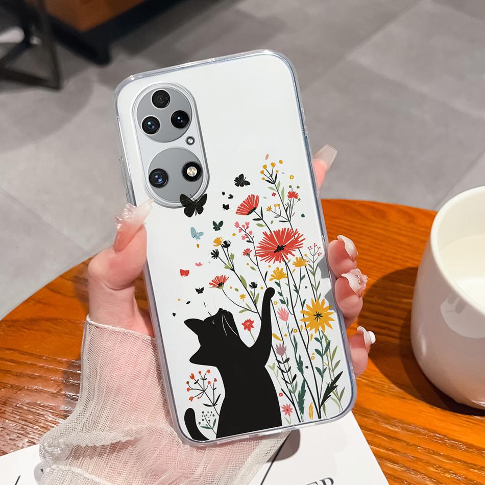 For Huawei P50 Pro P50E Phone Case Lucky Flowers Patterns Transparent Protective Funda For Huawei P 50 Soft TPU Silicone Bumper