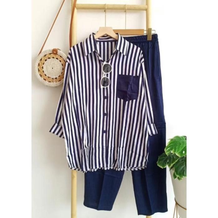 Женский летний свободный костюм для поездок на работу больших размеров, повседневная рубашка в полоску + брюки, тонкий удобный комплект из двух предметов