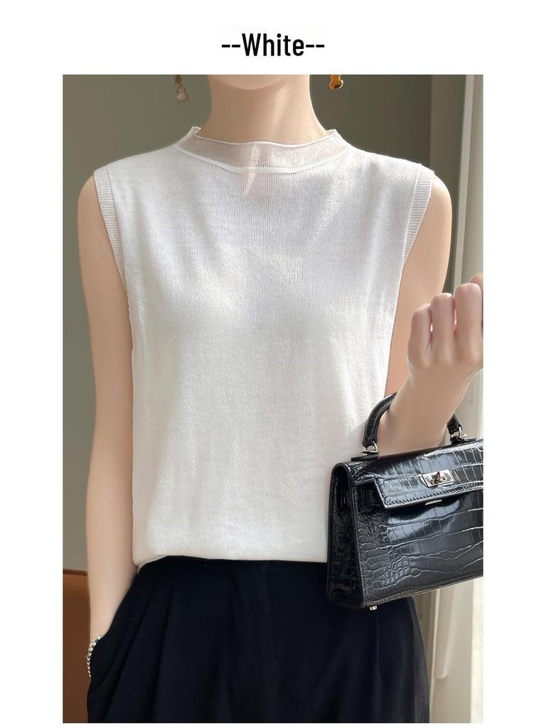 2024 Spring/Summer Women's Sleeveless Thin Knitted Sweater - Half Turtleneck Pullover Vest