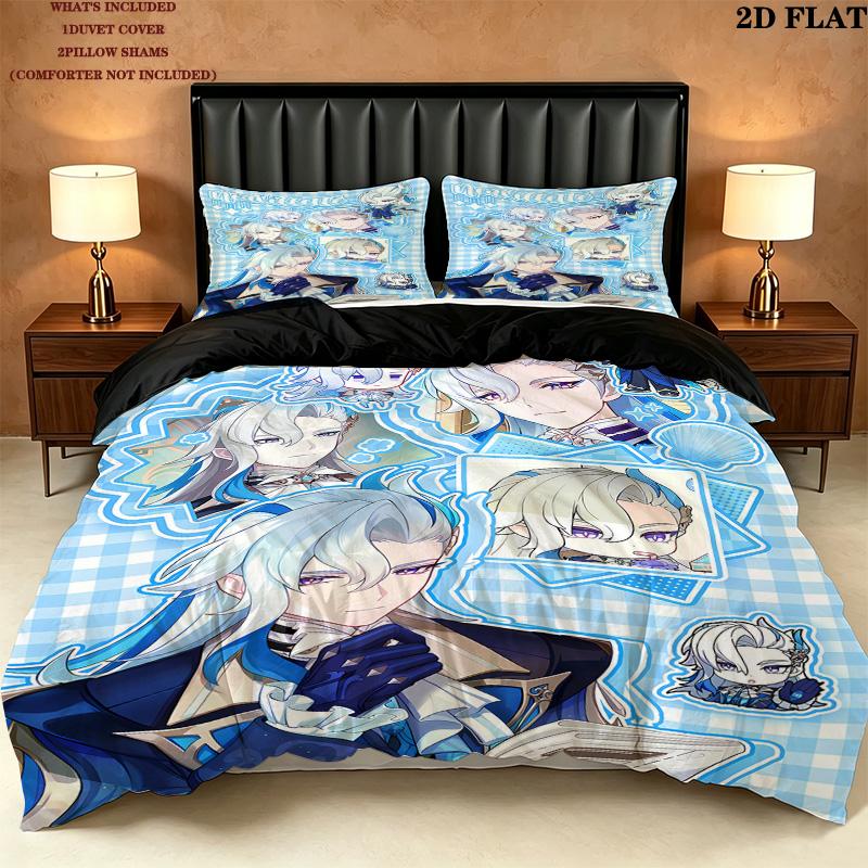 Genshin Pattern Bedding Quilt Set Quilt Cover Pillowcase Home Birthday Gift(1 * duvet cover + 2 * pillowcase, without core)