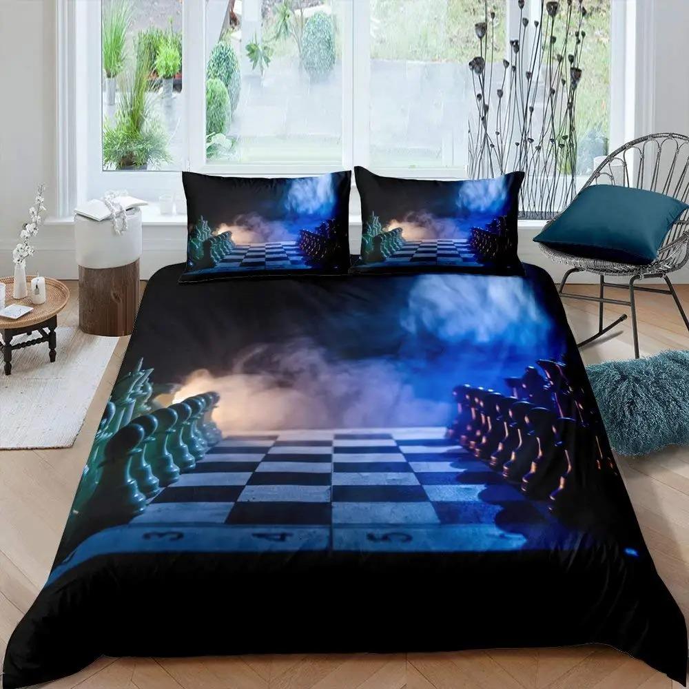 International Chess Duvet Cover Set Queen Size Chess Lovers Постельное белье для детей и взрослых Микрофибра Черная основа 23 шт Пододеяльник