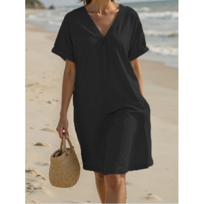 Cross-border new fashionable versatile women's casual solid color V-neck loose dress