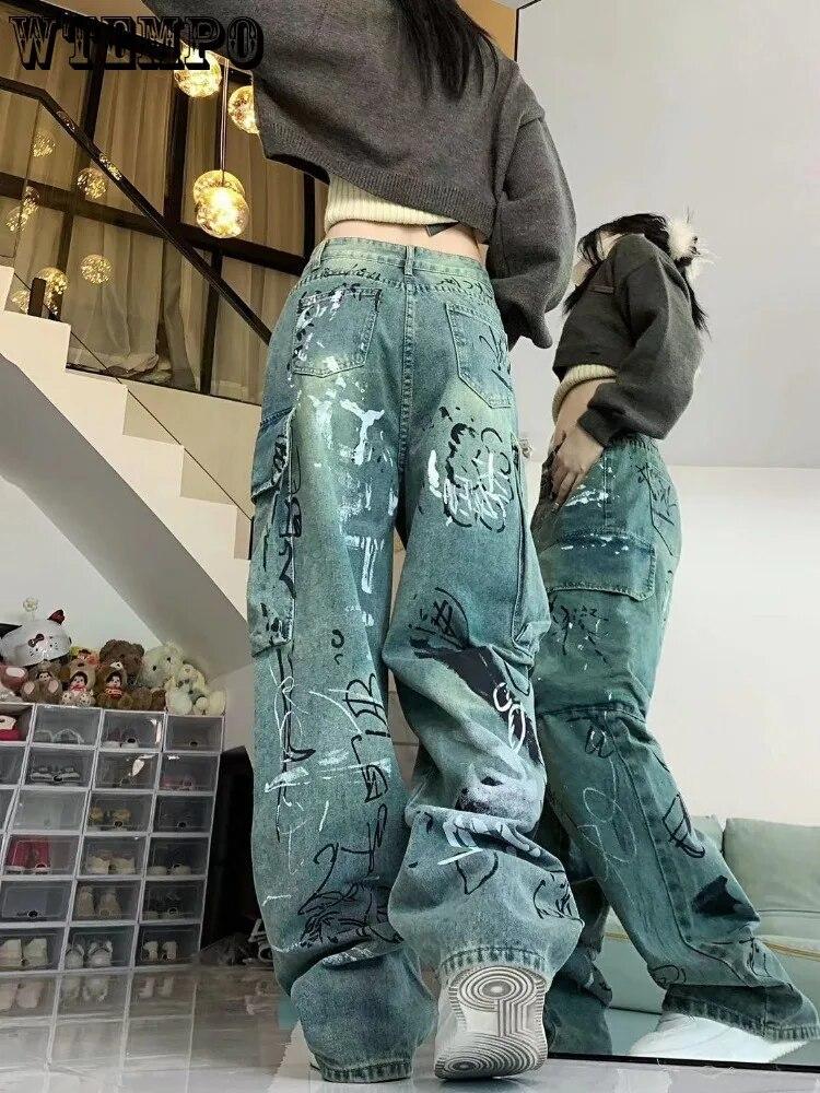Painted Graffiti Letters Printed Washed Trendy New Wide-leg Jeans with Personality and Versatile Loose Casual Straight Pants