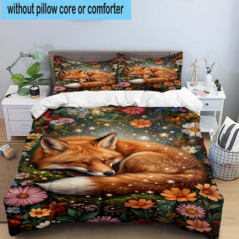 Fox Dreams In Space 3pcs Bedding,Including 1pc Duvet Cover And 2pcs Pillowcases Perfect for Christmas,Ideal for Bedroom, Dormitory