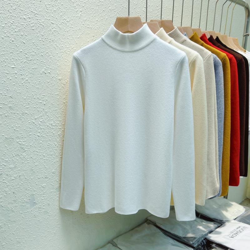 Autumn Warm Velvet Knitted Women's Sweater Casual Winter New Thicken Half High Collar Base Pullover Sweaters Elegant Solid Slim Plush Knitwears 25206