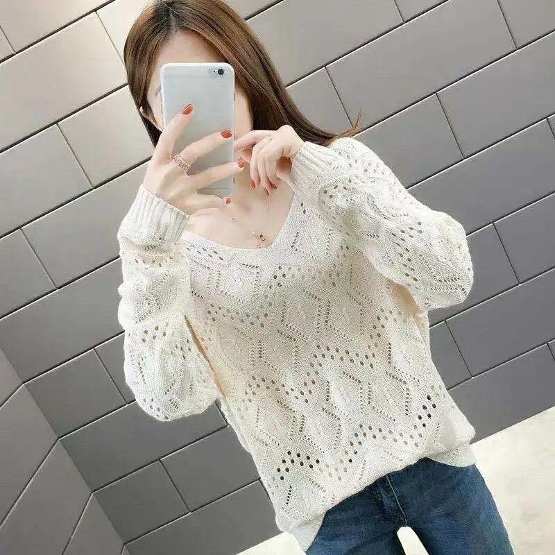 Hollow Knitted Sweater Women's Pullover Spring and Autumn V-neck Blouse Loose Outer Sweater Bottoming Shirt