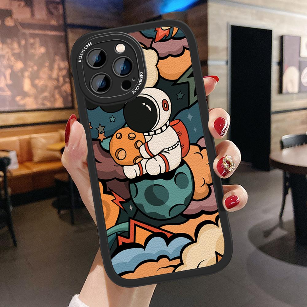 Slim Cartoon Astronaut Leather Back Casing PU Leather Cover Phone Case for OPPO Reno Realme OnePlus