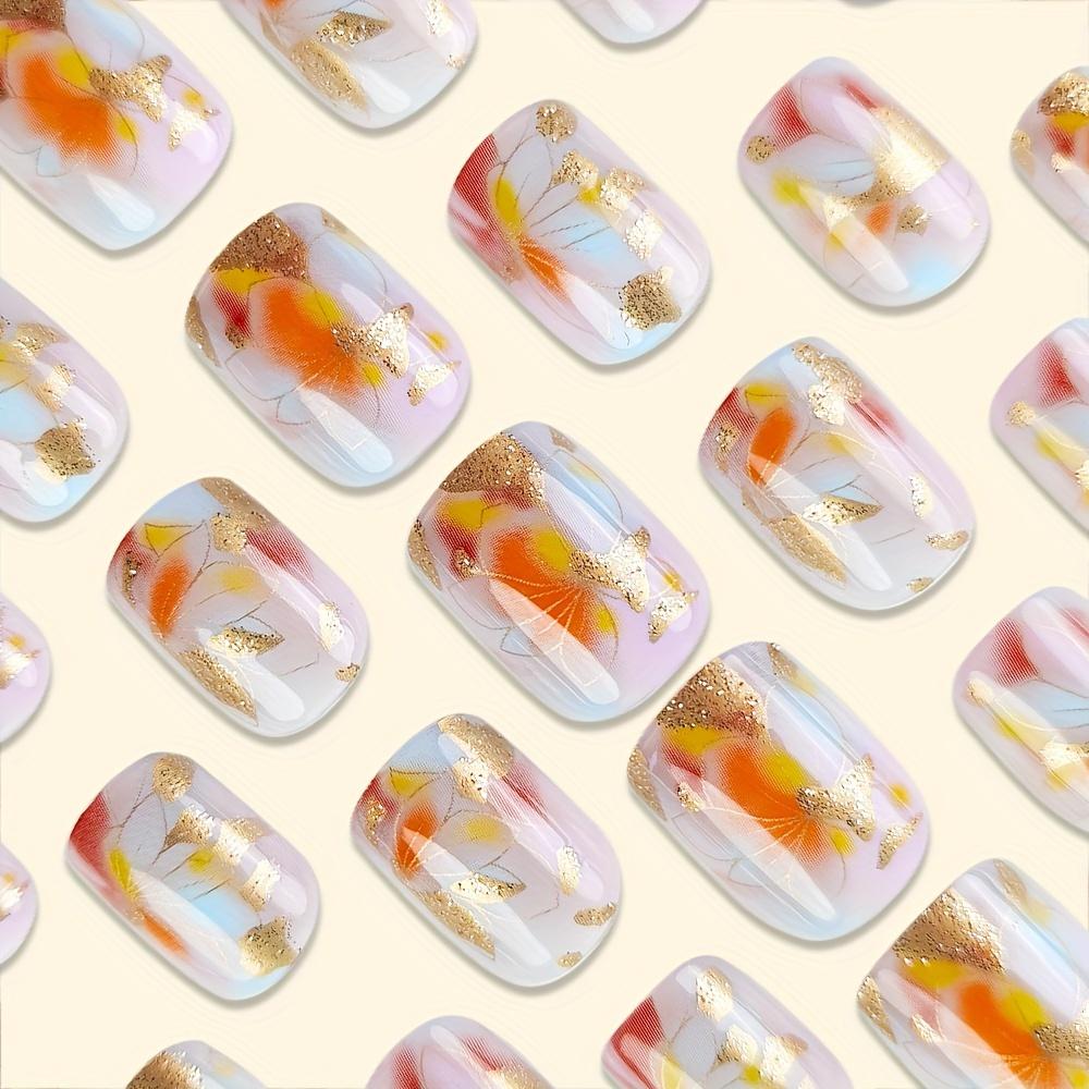 24 шт. многоразовых розовых цветочных глянцевых квадратных коротких накладных ногтей с золотыми блестками для женщин - набор для накладных ногтей