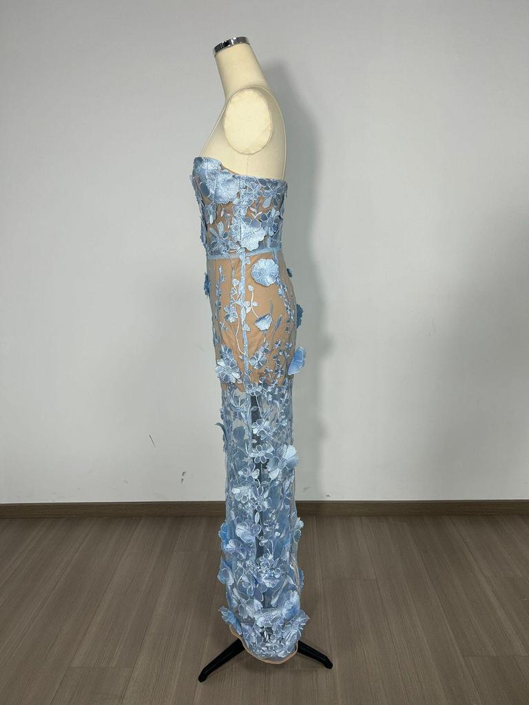 Европейский и американский дизайн Синее вечернее платье без бретелек с 3D-цветочными деталями