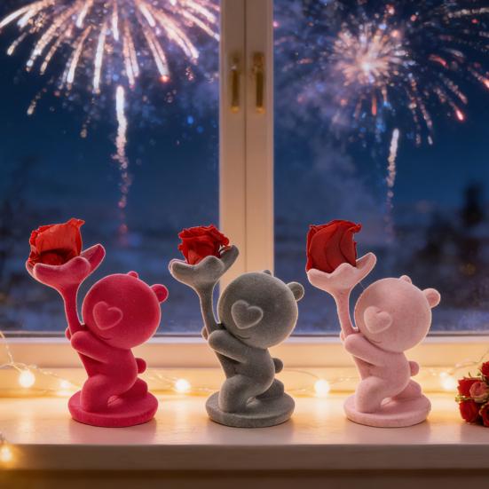 Valentines Day Bear Ornament with Preserved Rose Holding Eternal Flower Flocking Bear Decoration Wedding Anniversary Romantic Gift