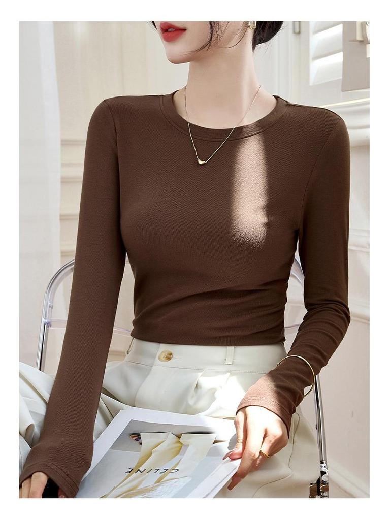 Женский черный трикотажный топ с длинным рукавом и рубчиком, приталенного силуэта, с круглым вырезом - Идеально подходит для весны, осени и зимы.