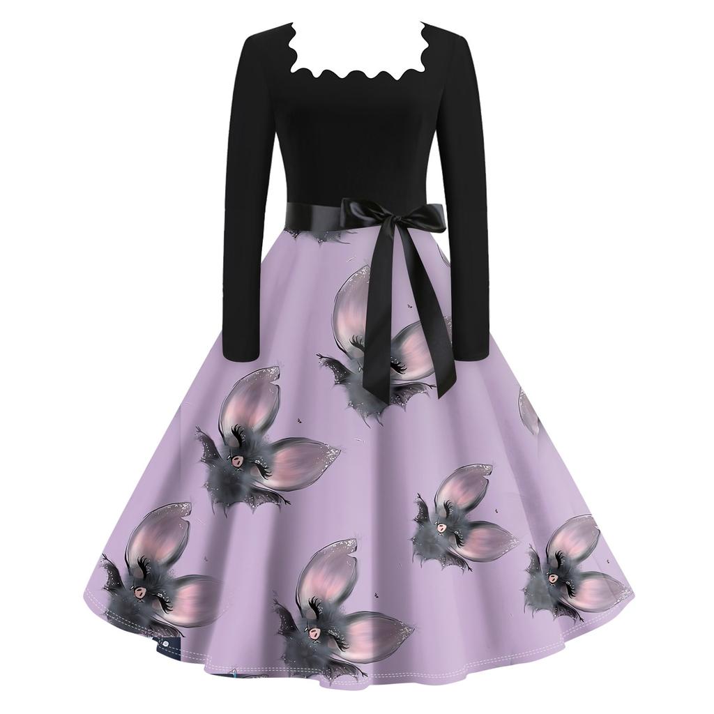 Женское повседневное модное винтажное платье с длинным рукавом и принтом на Хэллоуин