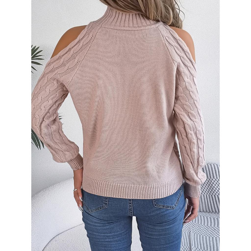 QICED Autumn and Winter Casual Twist Off-the-shoulder Semi-high Neck Long-sleeved Pullover Sweater Women's Wear