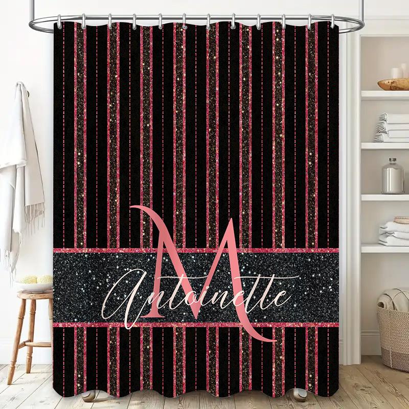 Bathroom Decor Black Pink Striped Shower Curtain Name Custom Size Waterproof Bathroom Liner Set