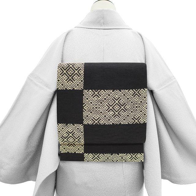 Used [] Fukuro obi Yonezawa Kinken Orimono Horaiya Pure silk Washi paper Sashiko style Black Beige Change checkered pattern Diamond pattern Complete