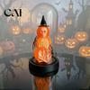 Halloween Window Display Pumpkin Skeleton Cloche Lamp, Lighted Stacking Skull in Clear Decor Dome with Witch Hat for Tabletop Mantel, Party