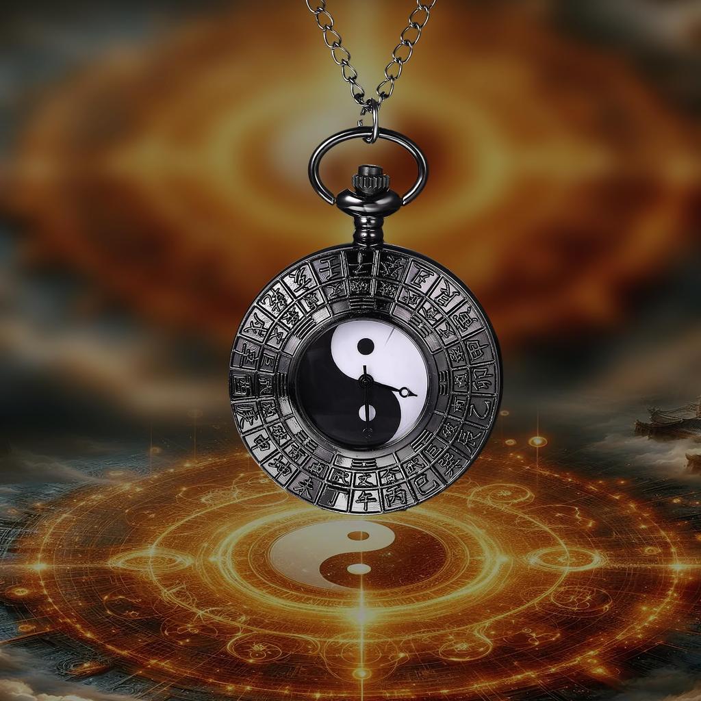 Карманные часы Тайцзи Багуа Инь Ян Антикварные часы-подвеска Аналоговый дисплей Водонепроницаемые карманные часы Китайский стиль Ожерелье свитер цепь черный день рождения