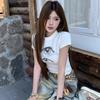 Summer T Shirt Young Girl Fashion Vintage Print Women O-Neck Cotton T-Shirts Short Sleeve Casual Slim Tees Clothes Female White Crop Top