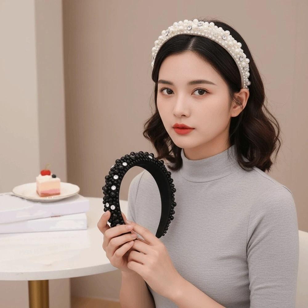 Elastic Plastic Base Full Pearls Hair Hoop Luxury Style Baroque Headdress Office Ladies