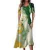 Ladies Casual Fashion Gradient Print V-Neck Short Sleeve Waist Long Swing Dress