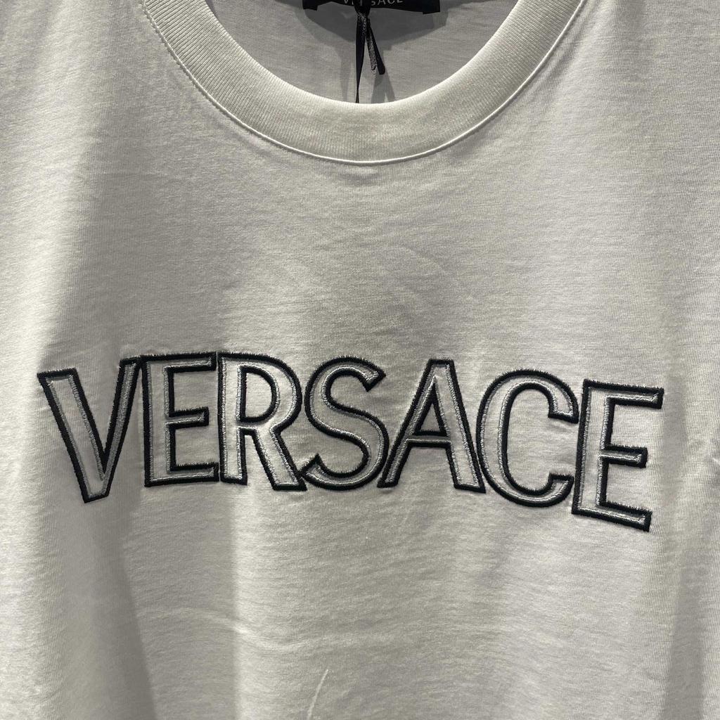 Versace Повседневная футболка с коротким рукавом и круглым вырезом, с вышитым логотипом, мужская, белая, 1011860-1A10755-2W020