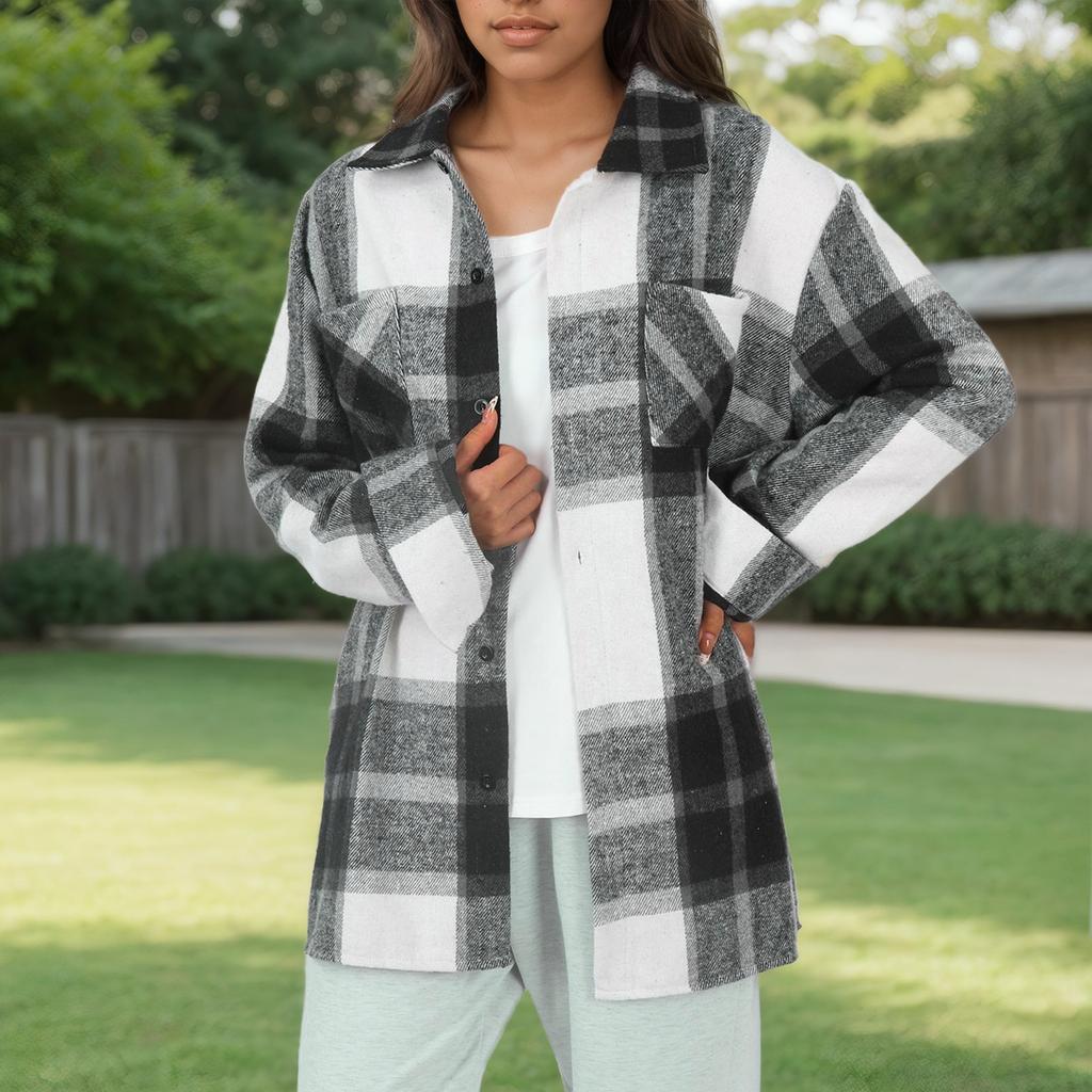 Женское пальто осень и зима клетчатая рубашка пуговицы модное шерстяное пальто