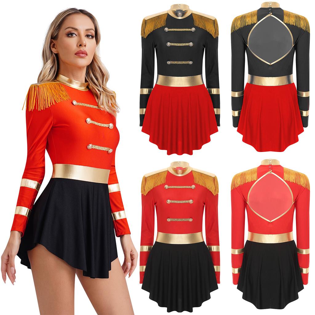 Women Circus Ringmaster Costume Long Sleeve Fringed Shoulder Leotard Dress Halloween Carnival Party Cosplay Dress Up