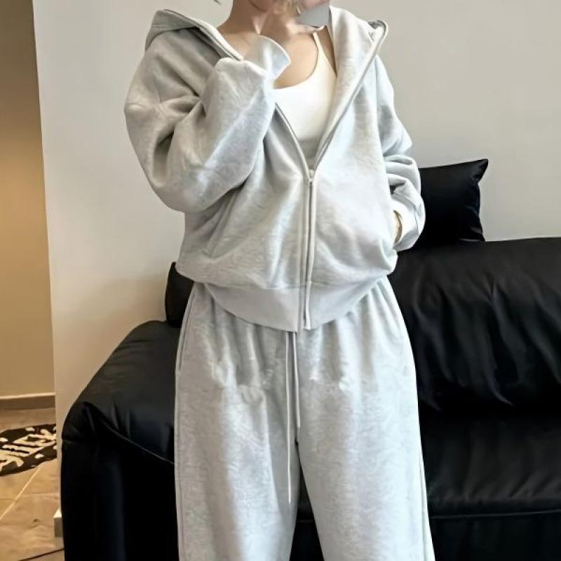 Простой однотонный повседневный спортивный костюм для женщин на осень и зиму, состоящий из куртки с капюшоном и брюк широкого кроя