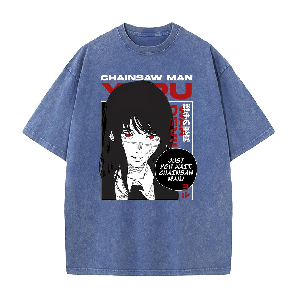 Hot Japanese Yoru Graphic T Shirt Chainsaw Man Anime Vintage Washed T-shirt Men Women Clothes Oversized Polyester Short Sleeve Tee