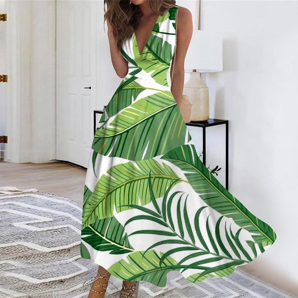 Женское длинное платье без рукавов с v-образным вырезом и цветочным принтом