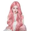 Pink Long Wavy Wig With Bangs Women Lolita Style Full Head Synthetic Heat Resistant