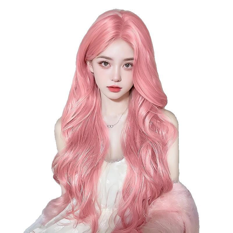 Pink Long Wavy Wig With Bangs Women Lolita Style Full Head Synthetic Heat Resistant