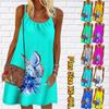 Women Flower Butterfly Pollination Printed Mini Dress Sleeveless Party Dress Summer Beach Dress Sundress