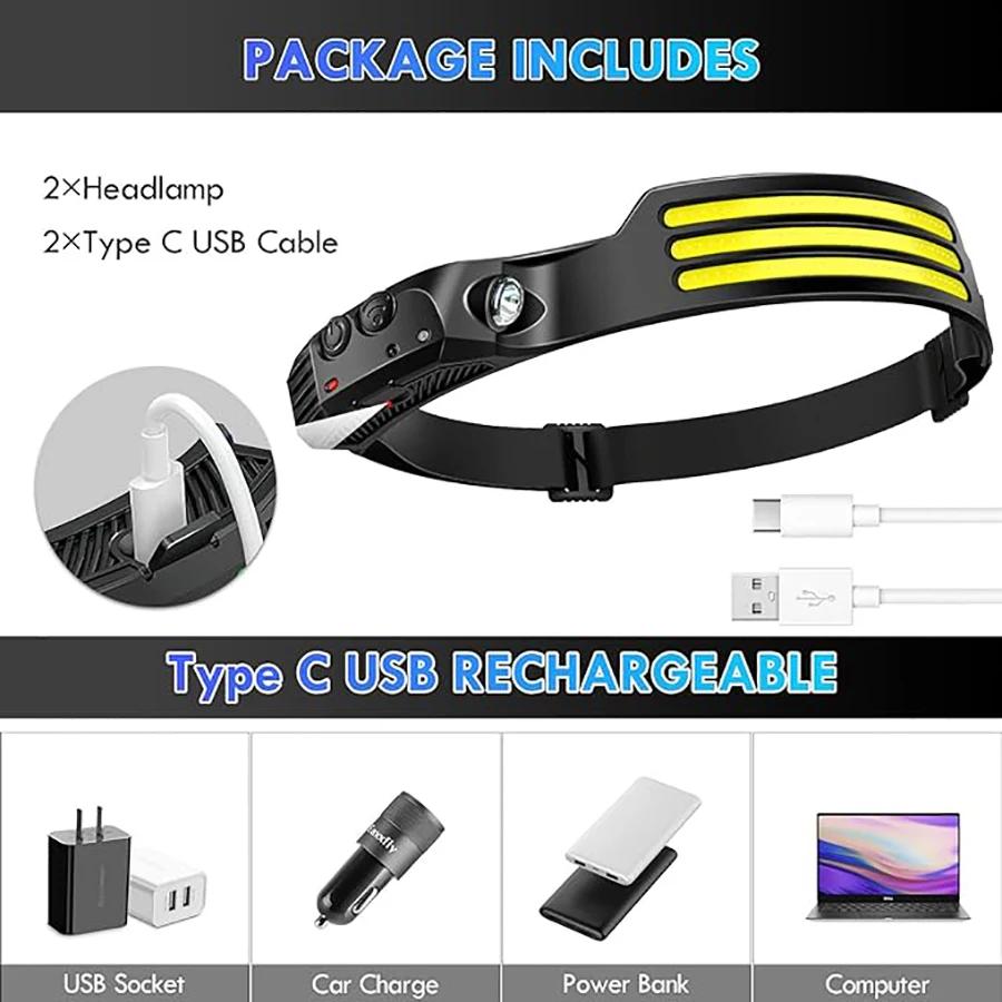 Powerful COB Induction Headlamp 5 Lighting Modes Head Flashlight Built-in Battery USB Charging Outdoor Camping Fishing Headlight