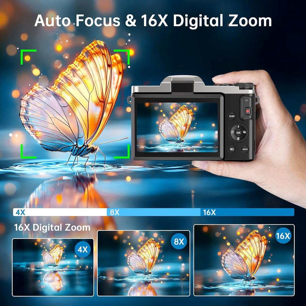 4K Digital Camera for Photography with WiFi, 2025 Latest Auto-Focus Vlogging Camera for YouTube Video 3'' 180° Flip Screen Travel Cameras 16X Zoom