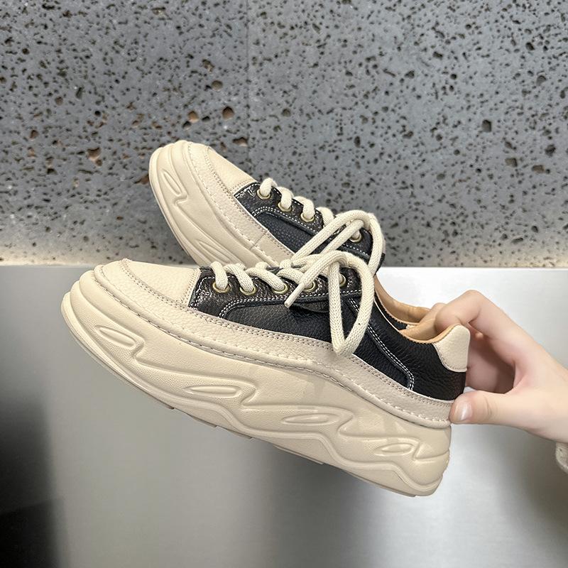 First layer cowhide casual bread shoes women's 2025 spring and autumn fashion versatile platform muffin retro sports board shoes women