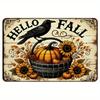 Привет Осень Винтажная Металлическая Настенная Табличка - Деревенская Алюминиевая Пластина с Дизайном Тыквы, Подсолнуха и Вороны - 8x12 Дюймов Декор для Фермерского Дома