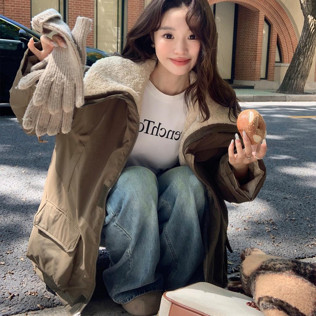 Большие лацканы Парки из утолщенной рабочей ткани с меховой подкладкой Женская куртка