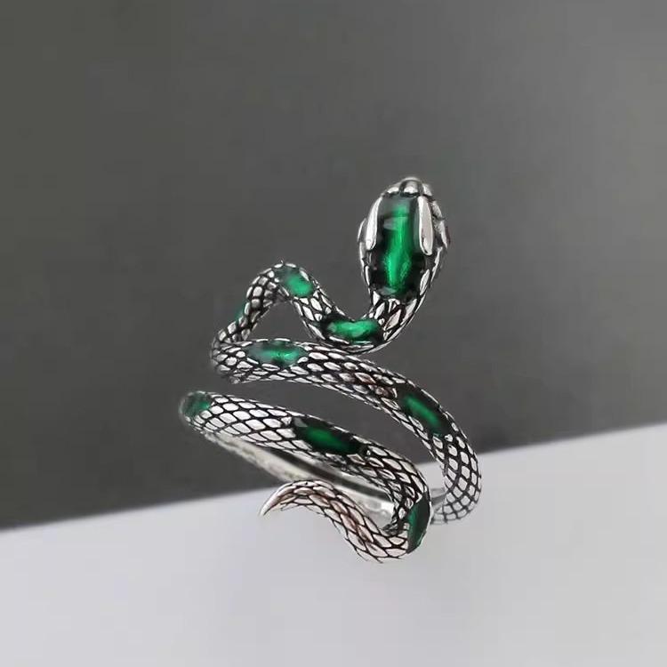 Винтажное кольцо со змеей 'Spirit Snake' из стерлингового серебра 925 пробы с перегородчатой эмалью - Преувеличенное синее кольцо для указательного пальца для мужчин и женщин