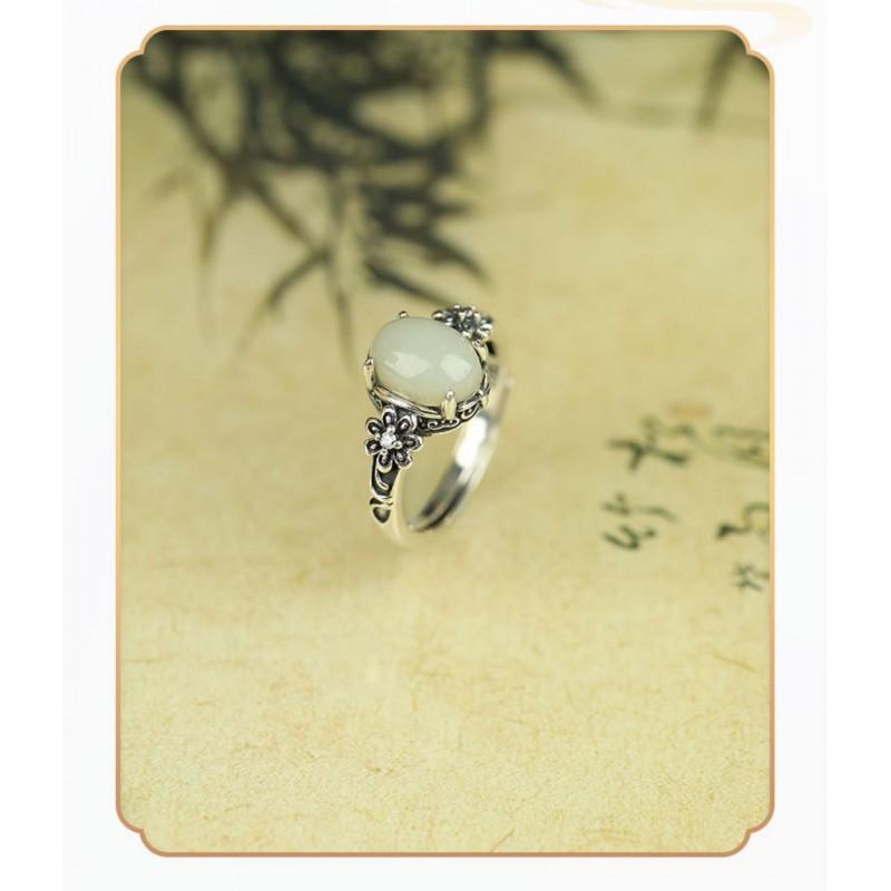 Adjustable Flower Ring Women Men Vintage Ethnic Style Red Agate Jade Oval Floral Statement