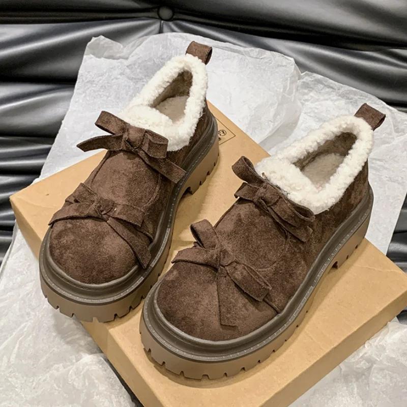 Меховые мокасины с бантом на платформе, женские замшевые туфли на плоской подошве из плюша и хлопка, брендовая зимняя теплая повседневная обувь для женщин 2025 года, тренд, удобные ботинки Mujer