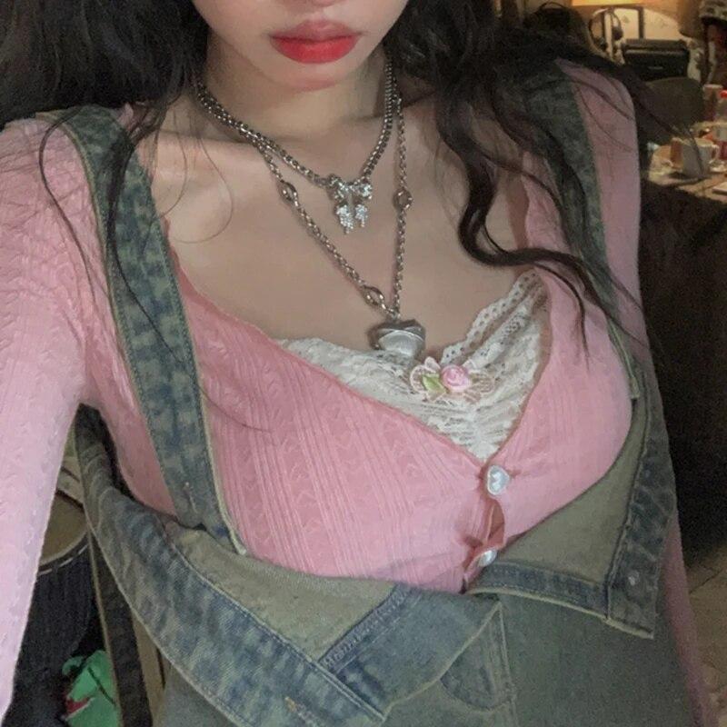 Французская девушка с v-образным вырезом, искусственная двухсекционная строчка, кружевной внутренний вязаный кардиган, футболка, женский короткий топ, осень