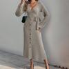Autumn and Winter Women's Mid-length Dress V-neck Solid Colour Button Tie A Hem Knitted Dresses