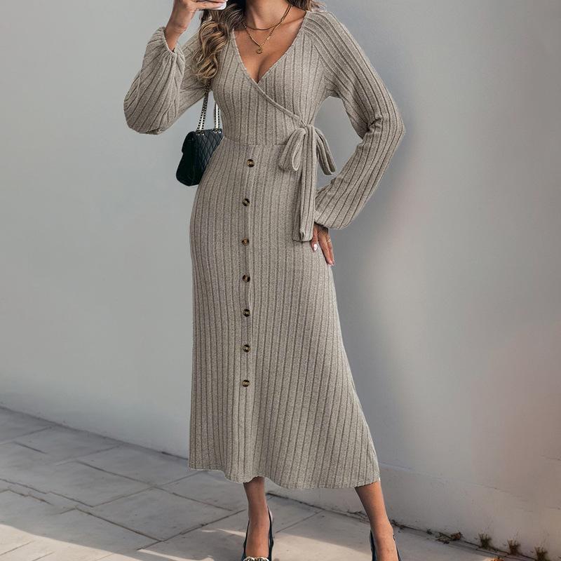 Autumn and Winter Women's Mid-length Dress V-neck Solid Colour Button Tie A Hem Knitted Dresses