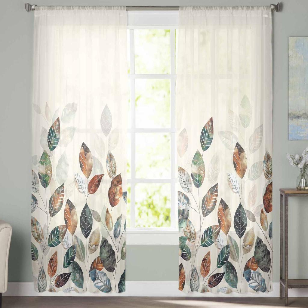 Autumn Thanksgiving Blue-Green Yellow Leaf Plants Sheer Curtains for Kids Bedroom Living Room Voile Window Curtains Tulle Drapes
