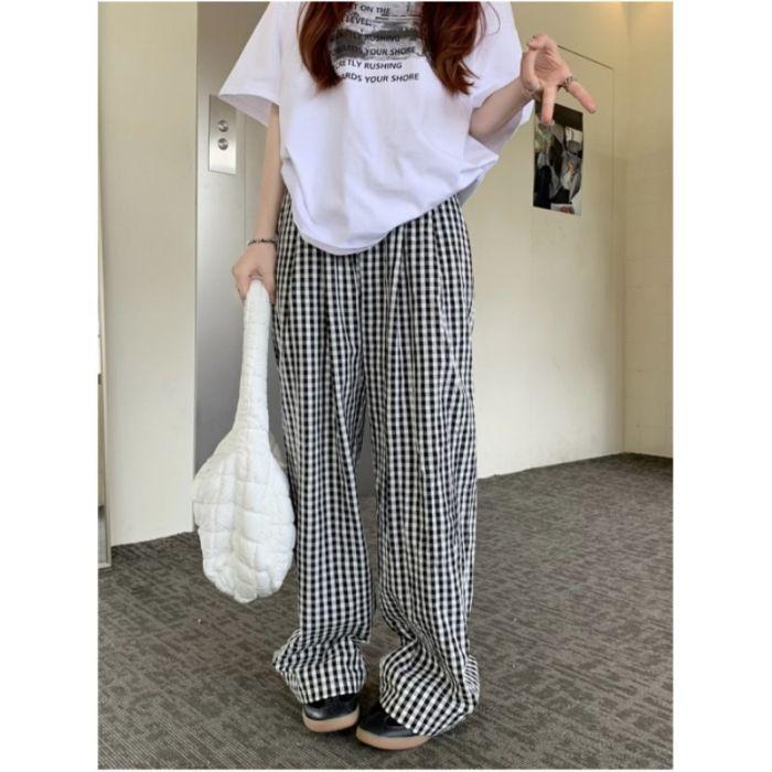 Plaid Contrasting Color Drape Casual Pants Women's Summer New Loose High Waist Straight Long Pants