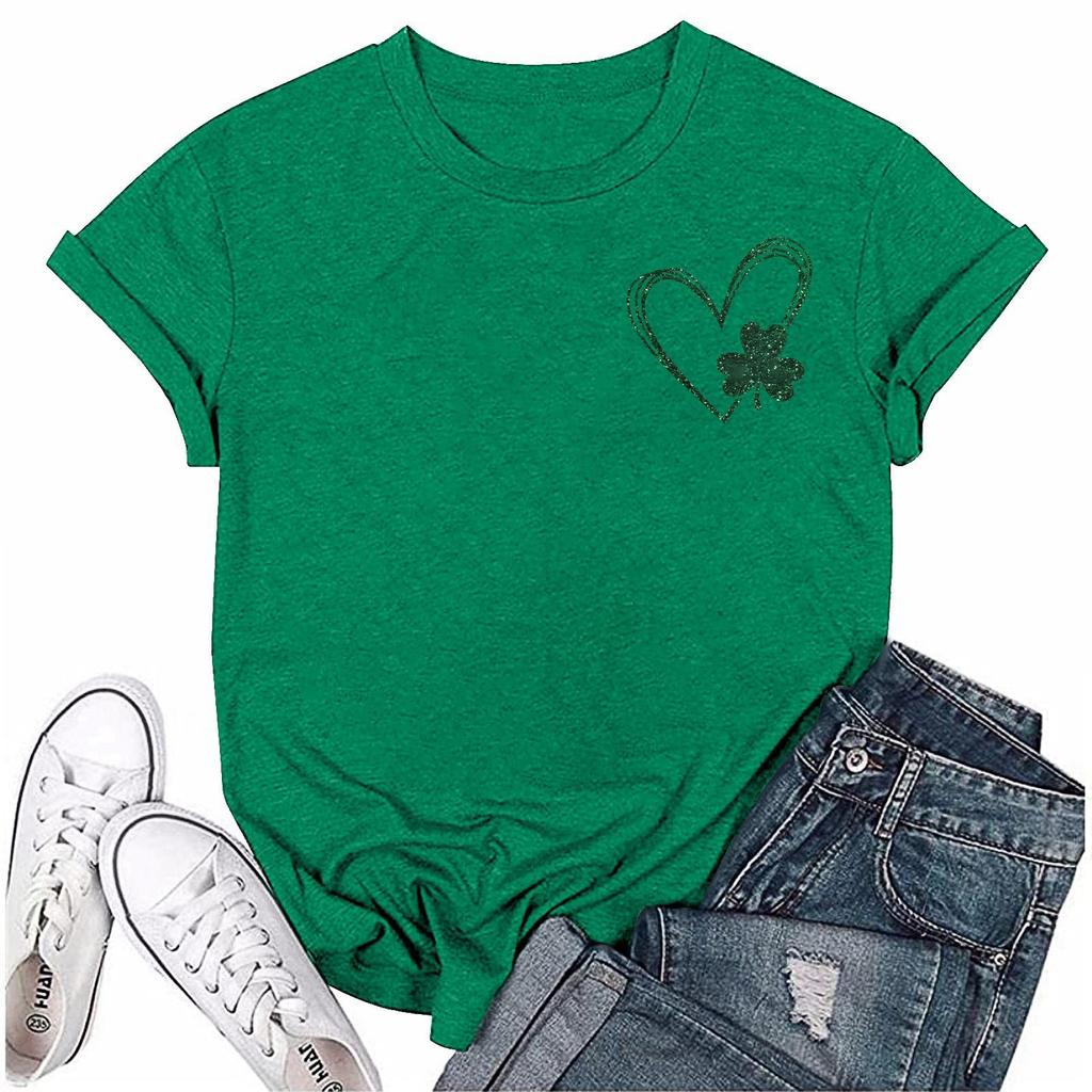 St. Patrick's Adult Green Crew-neck Short-sleeved Printed Green Three-leaf T-shirt