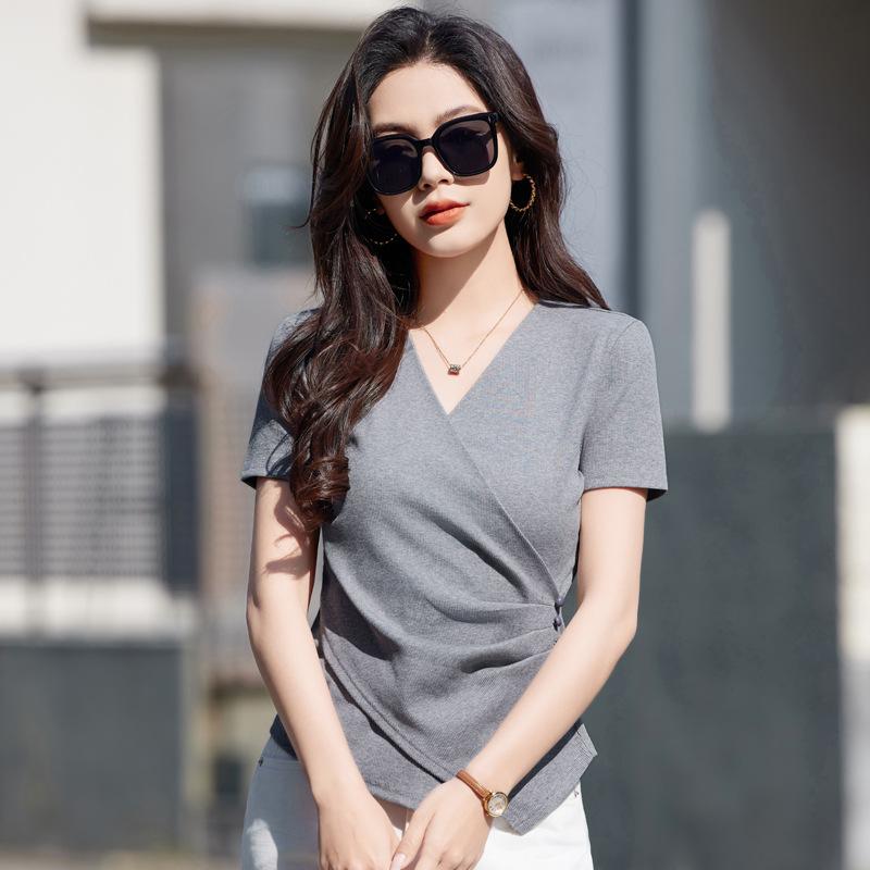 Летняя женская футболка с V-образным вырезом, облегающая, эластичная, повседневная, с неровным подолом и коротким рукавом