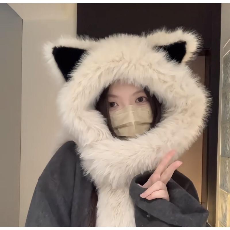 Милая шапка с лисьими ушками, плюшевая шапка, шарф, встроенная женская зимняя защита ушей, теплая шапка, универсальная шапка, женская шапка