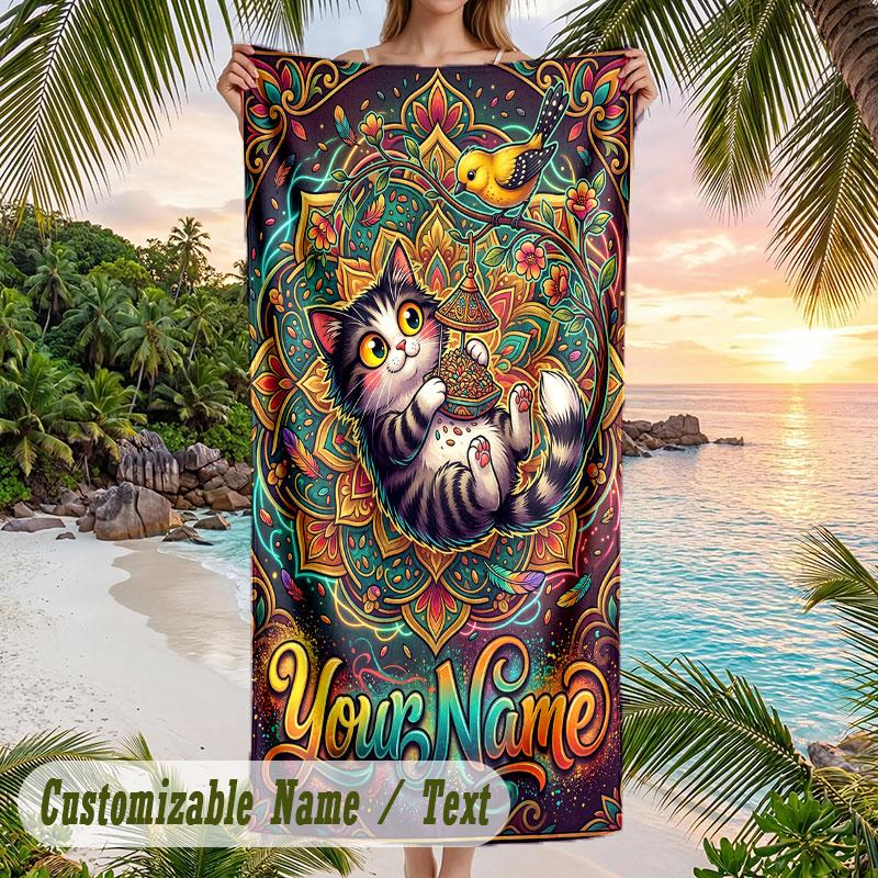 Whimsical Cat Mandala Art Theme Quick Dry Beach Towel Custom Name Text Print Large Sand Resistant Towel Beach Vacation